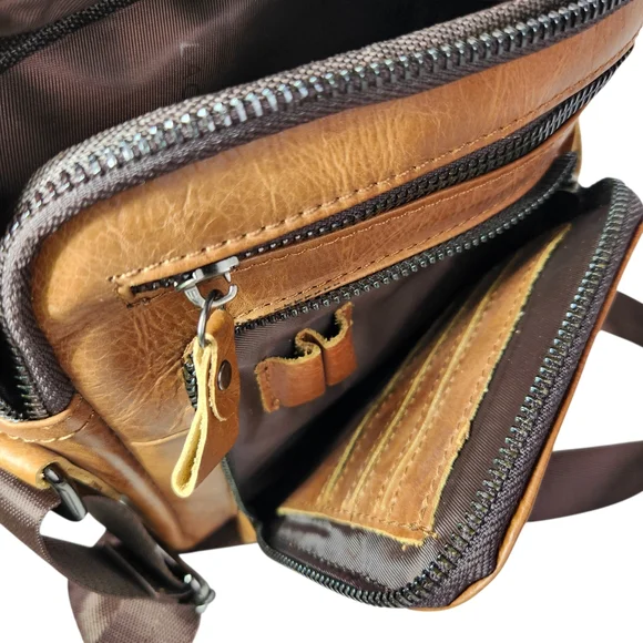 Leather Crossbody Bag Multi Pocket Travel Messenger Bag Unisex Adjustable Strap - Picture 8 of 15